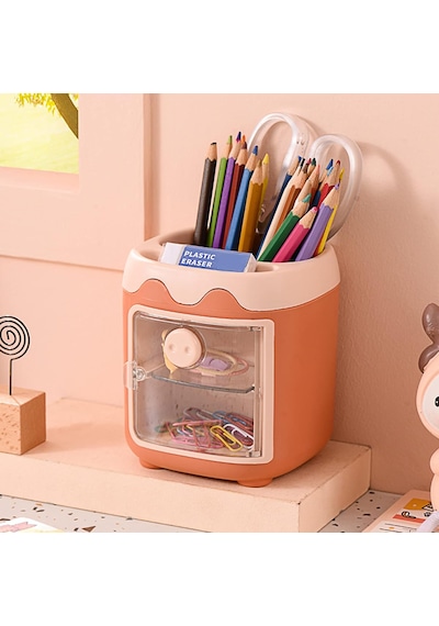 Sevimli Masaüstü Kalemlik Kawaii Kapaklı Mini Dolaplı Kalemlik - Turuncu Turuncu