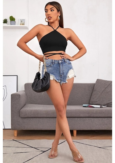 Beru Kadın Siyah Sırtı Açık Boyundan Çapraz Bağlamalı Crop Top Bluz S
