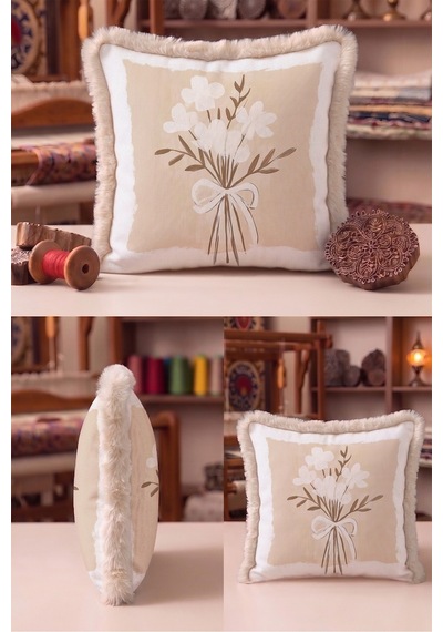 Çiçek Buketi Modern Saçaklı Yastık Kılıfı - Natürel Floral Bej Krem Vizon Püsküllü Kırlent Kılıfı Kadim Atlas Saten Çiçek Buketi Modern Saçaklı Yastık Kılıfı - Natürel Floral Bej Krem Vizon Püsküllü Kırlent Kılıfı Kadim Atlas Saten