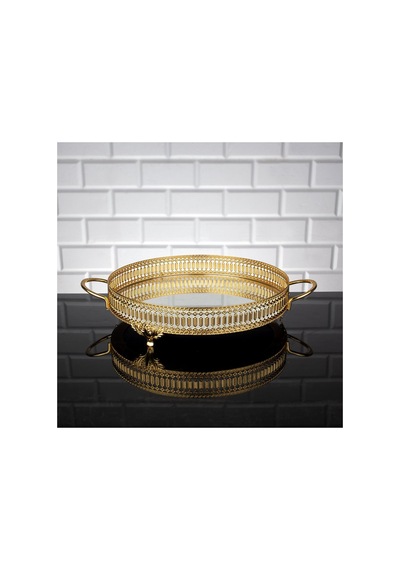 Aynalı Tepsi Dekoratif Sunum Tepsisi Yuvarlak İnci Desenli Metal Gold 30 Cm
