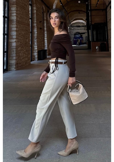 Madmext Taş Rengi Yüksek Bel Pileli Kadın Kumaş Pantolon Mg2507 Taş Rengi