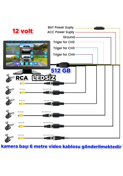 6 Ch 10 İnç 512 Gb Dokunmatik Usb Bsd Dvr Ekran Ledsiz Kelebek Kamera 170'' Ahd 720p Rca 12 Volt
