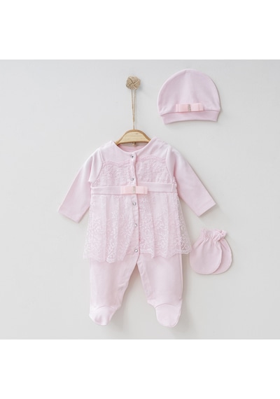 Buse&Eylül Bebe Pembe Fiyonk Detaylı Uzun Tüllü Kız Bebek 3 Parça Tulum Takımı Mevlütlük Takım-Pembe