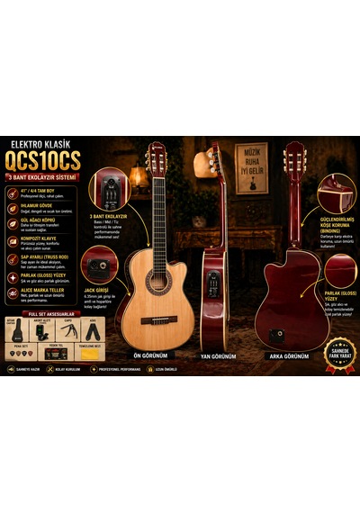 Qcg10cs Elektro Klasik Gitar Ve Seti 3 Bant Ekolayzır Üst Seviye Sahne Performansı Full Aksesuar Hediye Yeni Ürün Natural