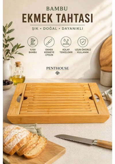 Bambu Ekmek Kesme Tahtası Kırıntı Toplayıcılı Tepsili Doğal Ahşap Kesim Ve Sunum Seti 34x22 Cm Açık Bej