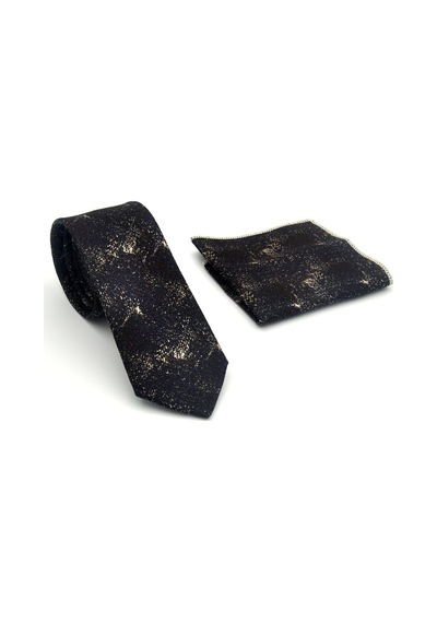 Gaffy Bej Desenli Kahverengi Dokuma Kumaş Mendilli Slim Fit Kravat // Sdk-2613-6 Bej