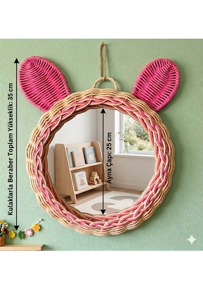 El Örgüsü Çocuk Odası Aynası- Rattan Pembe Kulaklı Dekoratif Ayna