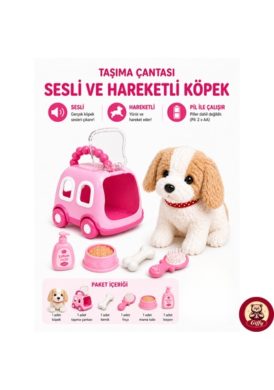 Oyuncak Köpek Taşıma Çantalı Sesli Hareketli Pilli, Emekleme Oyuncağı Aksesuarlı Çocuklar İçin Eğitici Hayvan Sevgisi Pembe