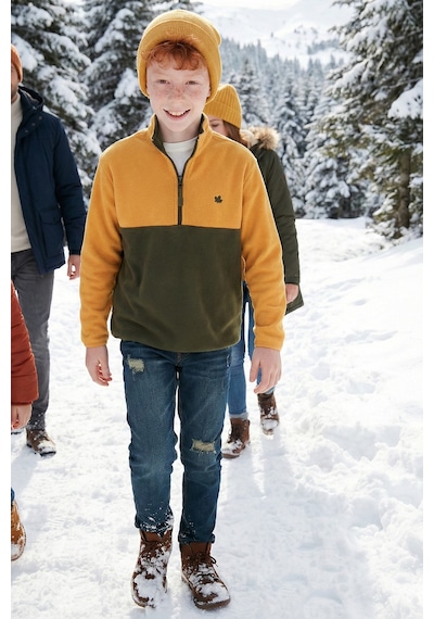 Lela Yumuşak Dokulu Yarım Fermuarlı Renk Bloklu Dik Yaka Unisex Çocuk Polar 5905004 Hardal-Haki