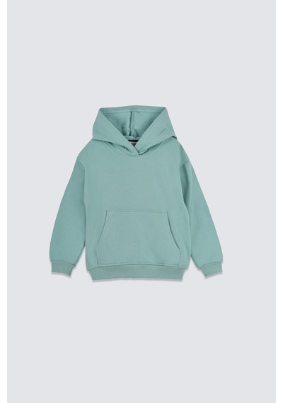 Zuzunga Basic Kapüşonlu Şardonlu Kanguru Cep Detaylı Çocuk Sweatshirt 3-10 Yaş Su Yeşili