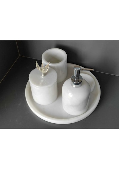 Beyaz Mermer Gümüş Zeytin Dalı Aksesuarlı 5'li Banyo Seti Beyaz