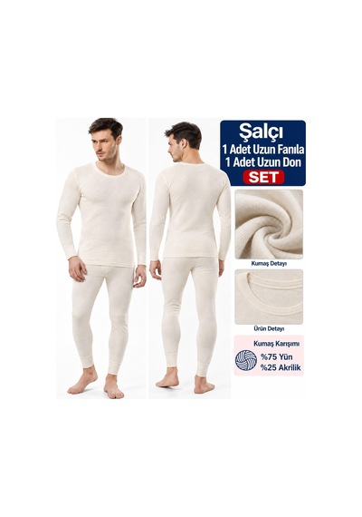 Şalcı Şalçı Safyün Erkek %75 Yün Uzun Don Ve Uzun Kol Fanila İçlik Set - 1 Set Ekru