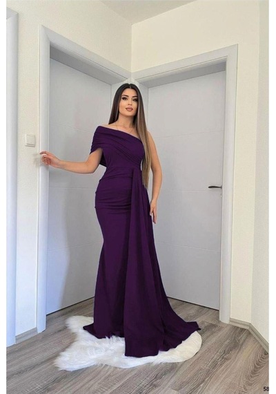 Lior Design Kadın Zarif Stil Tek Omuz Kuyruklu Balık Kesim Abiye Elbise Mor