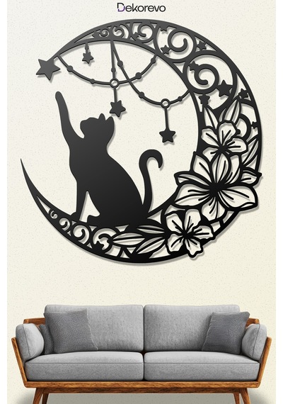 Floral Hilal Ve Kedi Silüeti Dekoratif Metal Tablo - Metal Duvar Sanatı - Siyah - 50 X 50 Cm
