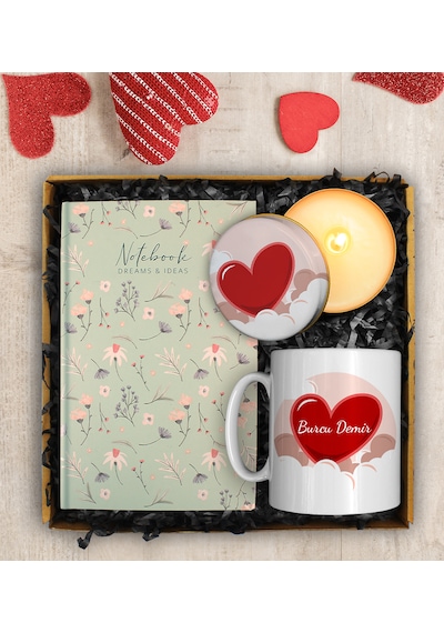 Sevgililer Gününe Kupa & Defter & Mum Seti