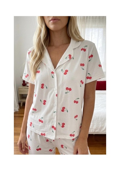 Fit Women Kiraz Desenli Düğmeli Kısa Kollu Pijama Takımı 4589 Beyaz