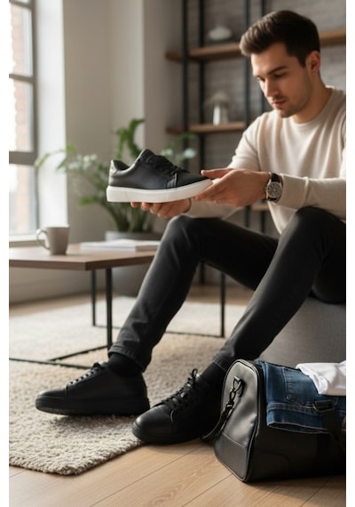 Enoch Hakiki Deri Minimalist Günlük Erkek Sneaker Comfort Taban Siyah - Beyaz