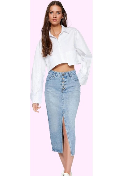 Ersefa Kadın Denim Midi Etek A Line Kalıp Pamuk Günlük Ve İş Hayatı İçin Mavi