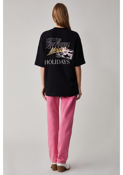 Grımelange CAITLYN Kadın Oversize Bisiklet Yaka Siyah T-Shirt