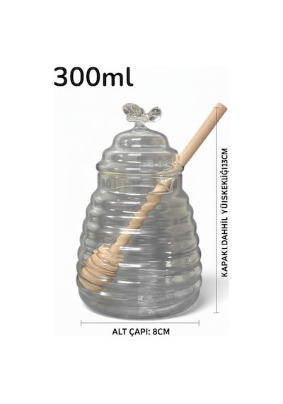 Borosilikat Cam Bal Kavanozu, Ahşap Kaşık 300ml Şeffaf