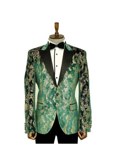 Wessi Dik Yaka Slim Fit Altın Desenli Yeşil Balo Ceket - Wessi Yeşil