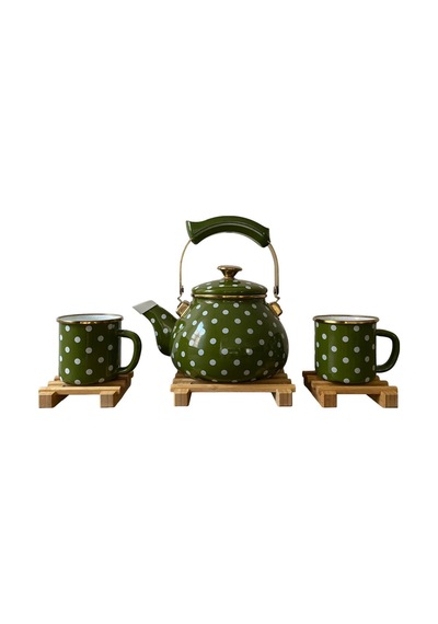 Morponi Retro Emaye Çaydanlık Ve Kupa Takımı 6 Parça Puantiyeli Set Yeşil Yeşil