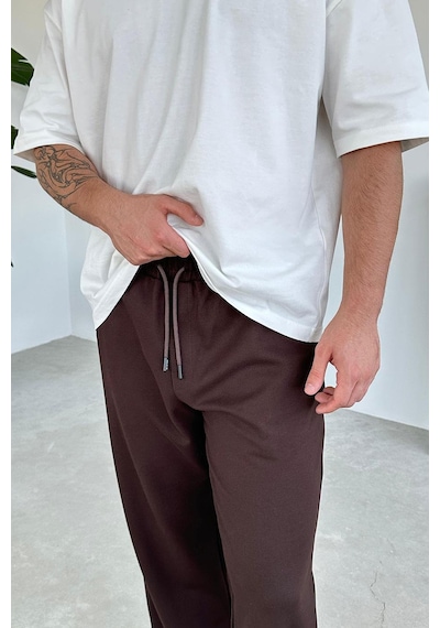 Kahverengi Beli Lastik Detay Gabardin Baggy Pantolon Kahverengi