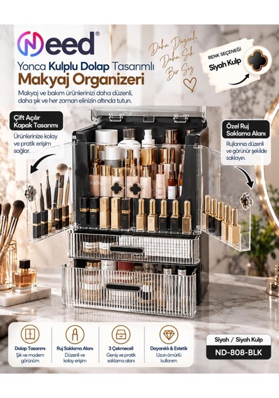 Need Yonca Kulplu Dolap Tasarımlı Çekmeceli Makyaj Ve Kozmetik Organizeri Siyah / Siyah Kulp Nd-808-blk