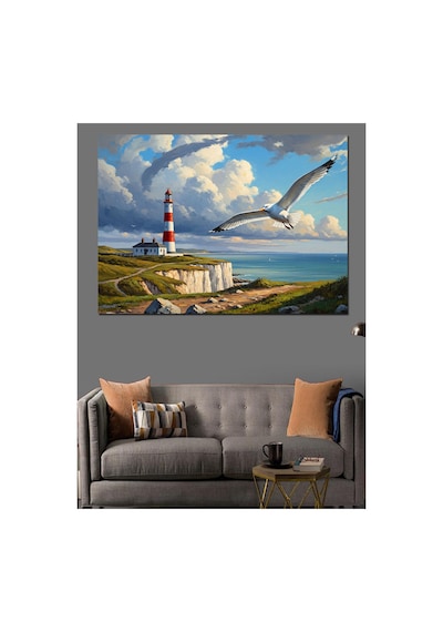 Deniz Feneri Ve Martılar Manzarası Yağlı Boya Dokulu Kanvas Tablo Canvas Tablosu