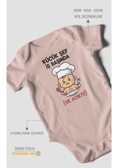 Küçük Şef İş Başında Ve Acıktı Baskılı Bebek Zıbını Çıtçıtlı Body 8 Renk %100 Pamuk Kısa Kol Pastel Pembe