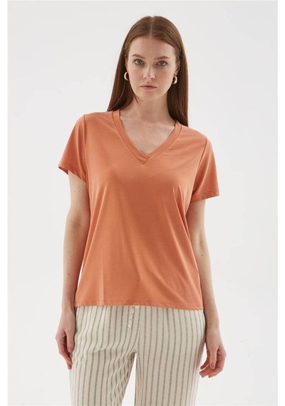 Fashion Friends V Yaka Turuncu Kadın Bluz 26y0144k1