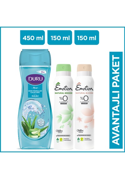 Emotion Natural Bloom + Breeze Kadın Sprey Deodorant 2 x 150 ML + Duru Moods Deniz Mineralleri Duş Jeli 450 ML