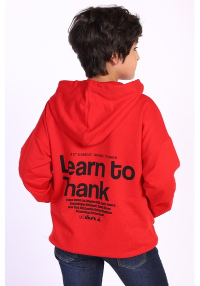 Toontoy Kids Toontoy Erkek Çocuk Kapüşonlu Kanguru Cepli Baskılı Sweatshirt Kırmızı