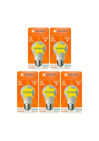 5 Adet Osaka 12volt 10w 75w Beyaz Işık 6500k E27 Duylu Kalın Duy Led Ampul