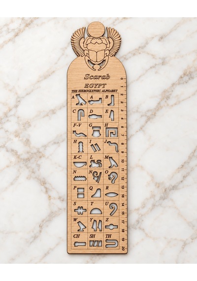 Antik Mısır Hiyeroglif Harf Oymalı Cetvel Kitap Ayracı - Açık Doğal Ahşap Scarab Krem Rengi
