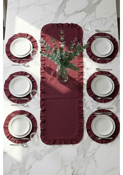 Yunusoğlu Home Fırfırlı Runner Ve Supla Takımı - Masa Örtüsü Takımı 7 Parça 150x50 Cm Bordo