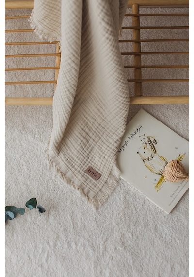 Zeypba % 100 Pamuk 4 Katlı Müslin Örtü Bebek & Çocuk İçin 110x110 CM Bej
