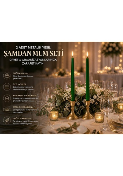 2'li Metalik Yeşil Şamdan Mum Seti 25 Cm Dekoratif İnce Şamdan Mum, Kokusuz Parafin Wax,%100 Pamuk Fitil, El Dö Diğer