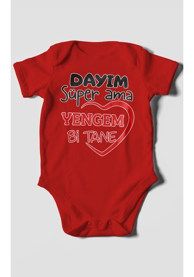 Morivokids Dayım Süper Ama Yengem Bir Tane Kısa Kollu Bebek Body %100 Pamuk Kırmızı