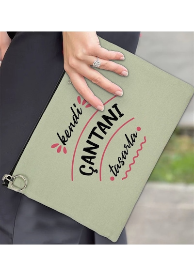 Bk Gift Kişiye Özel Kendin Tasarla Astarlı Portföy Mint Yeşili Çanta 30x21cm, Baskılı El Çantası, Organizer Çanta Yeşil