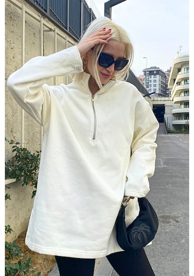 Ekru Fermuar Yaka Yırtmaçlı Sweatshirt Mg1903