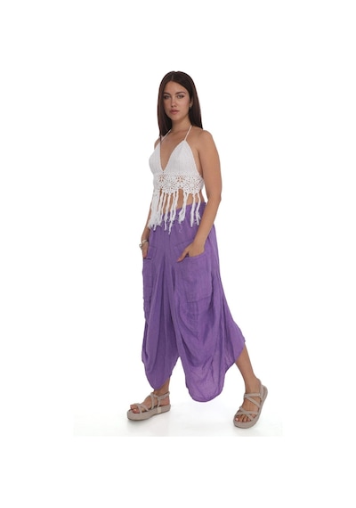 Bohem Stil İtalyan Cepli Keten Şalvar Pantolon Cmn00154 Açık Mor