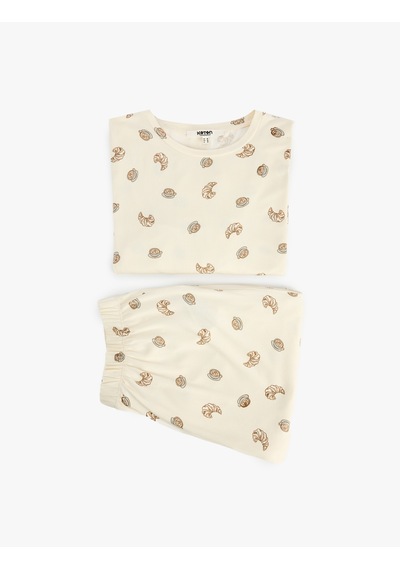 Koton Rahat Kalıp Bisiklet Yaka Uzun Kollu Baskılı Pijama Takımı Ekru 7wlk40346mk