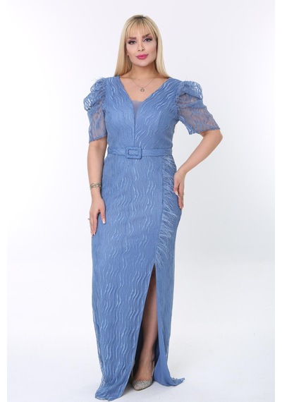 Ladies First Büyük Beden 3442 İndigo Uzun Abiye Elbise 001