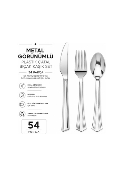 Metal Görünümlü Plastik Çatal Bıçak Kaşık Set 54 Parça Gümüş
