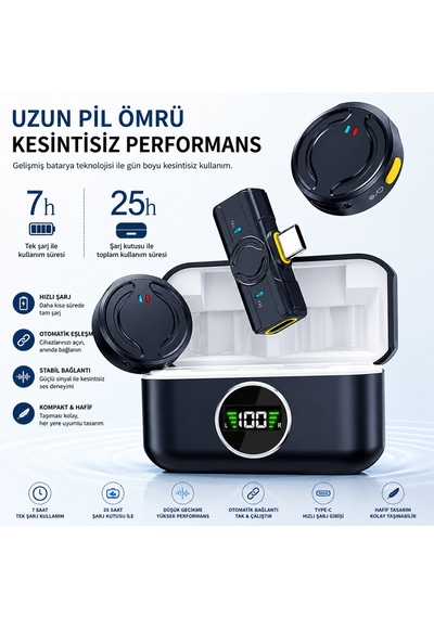 Microcase Kablosuz Yaka Mikrofonu Type-c Telefon Uyumlu Gürültü Engelleyici Şarj Kutulu Mikrofon - Al5771