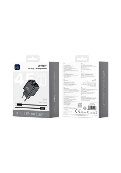 Wiwu Chg500 Voyager Serisi Gan Teknolojili Pd/qc Tft Göstergeli Hızlı Şarj Başlığı 45w Siyah