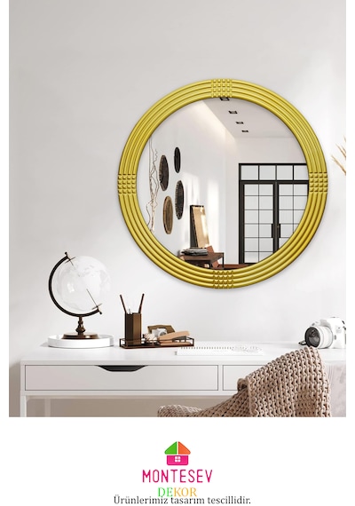 Afir Ahşap Gold Yuvarlak Ayna Işlemeli Duvar Banyo Aynası 69 Cm Gold
