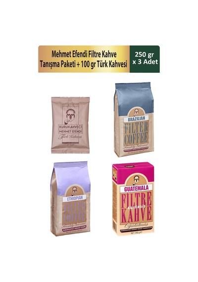 Kurukahveci Mehmet Efendi Filtre Kahve Tanışma Paketi 3 x 250 G + Türk Kahvesi 100 G
