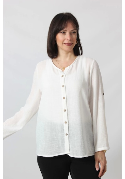 Moda Berray Bb-0269 Keten Kolu Apoletli Sıfır Yaka Büyük Beden Beyaz Gömlek Beyaz